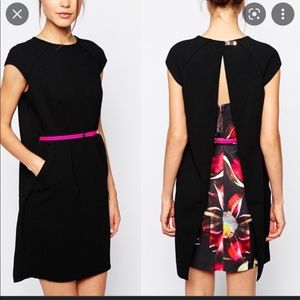 Ted Baker Black Dress with Pink Belt and Floral Back Panel